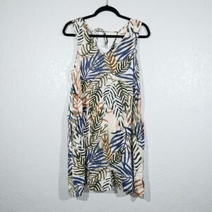 New Tahari Cream‎ Leaf Printed Linen Shift Dress Size Medium